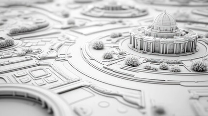 Architectural model circular building with landscaping