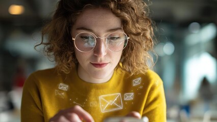 Young woman with curly red hair and round glasses in a mustard sweater types on a phone, with floating envelope icons around her. Concept Curly red-haired woman with round glasses typing on a phone