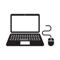 Simple black and white illustration of a laptop with a connected computer mouse