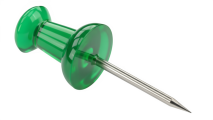 Bright green push pin with glossy plastic finish and metal needle tip, isolated on white or transparent background. PNG