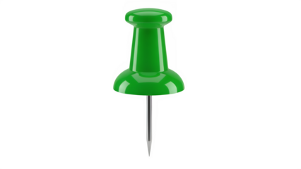 Bright green push pin with glossy plastic finish and metal needle tip, isolated on white or transparent background. PNG
