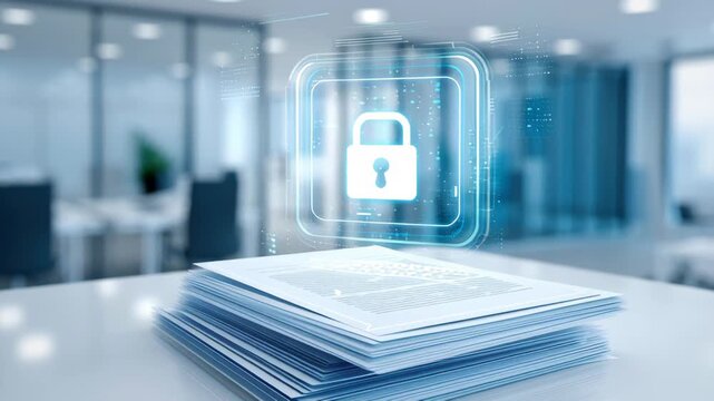Glowing Blue Hologram Lock For Digital Data Security And Document Protection