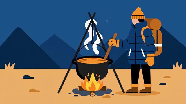 A Campfire Cooking Illustration on a Mountain, A Vector Art Style for Campers