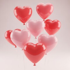 Luxurious 3D Render of Floating Heart Balloons in Vibrant Red and Gentle Pink | Romantic Celebration Background for Valentine's Day, Weddings, and Anniversaries.