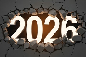 A cracked wall with the year 2026 protruding from the broken concrete