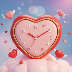 Adorable 3D Heart Clock of Love Rests on Pink Clouds | Whimsical Valentine's Day Timepiece Illustration with Flying Angel Hearts, Bokeh, and Romantic Time Concept.
