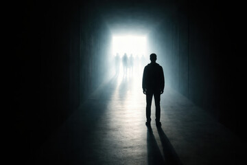 Fototapeta premium Solitary figure silhouette backlit corridor light evokes introspective mood as a lone person faces distant group and bright exit creating dramatic tension and hope
