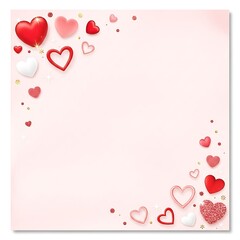Luxurious 3D Hearts Frame for Valentine's Day: Romantic Greeting Card Template with Red, Pink, and Glitter Elements on Soft Pink Backdrop for Wedding and Anniversary Celebration.