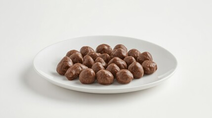 Milk chocolate candy balls smooth texture white plate background food photography