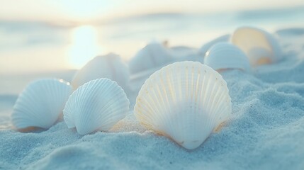Seashells on sandy beach at sunset soft pastel colors and smooth textures peaceful summer vacation scene