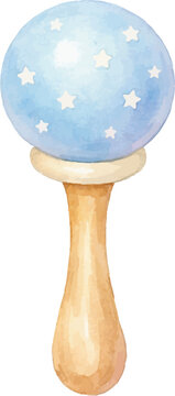 Blue baby rattle with wooden handle and white stars, cute watercolor newborn toy illustration