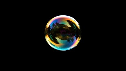 Iridescent soap bubble sphere reflection rainbow colors dark background