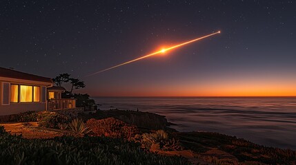 Coastal Home Under Starry Night Sky with Meteor Streak.