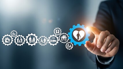 Human resources management concept with a hand interacting with glowing gears representing people and teamwork