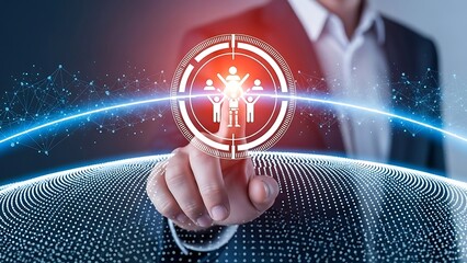 A businessman interacting with a futuristic digital interface displaying a glowing fingerprint and global network connections