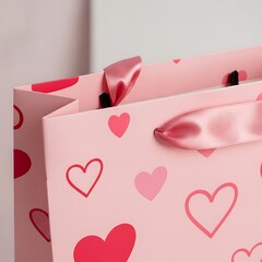 Romantic Pink Gift Bag Closeup: Elegant Retail Shopping Packaging Decorated with Red and Blush Heart Patterns and Satin Ribbon Handles for Valentine's Day Love Presents.