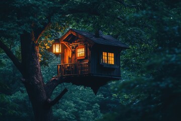 Enchanted treehouse illuminated at dusk in a lush forest setting