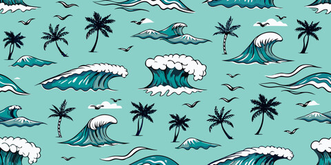 Tropical wave pattern with palm trees mountains and soaring birds © Bijoy