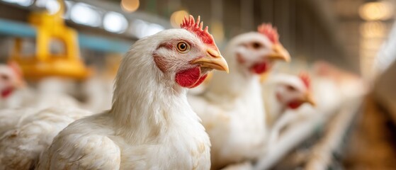 Close up of several white chickens in a farm environment with copy space