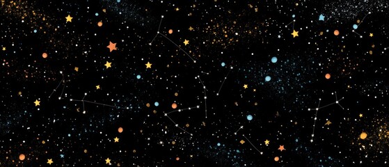 Cosmic illustration of starry sky with constellations and vibrant celestial bodies