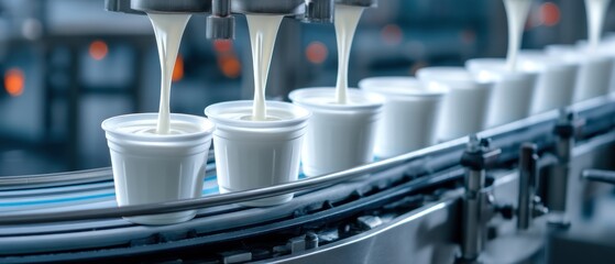 Dairy product packaging process white cups on a conveyor belt