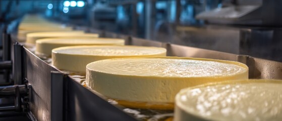 Dairy production line with wheels of cheese moving along a conveyor belt