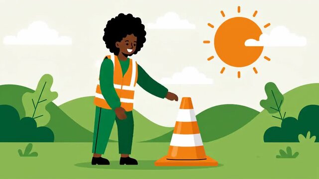 A Construction Worker Placing Road Cones on Sunny Day in a Colorful Environment