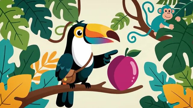A Colorful Toucan Bird and a Monkey Gathering a Fruit in the Jungle Illustrations