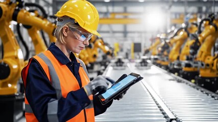Woman engineer uses tablet in robot factory. Engineer monitors robot automation line. Industrial worker checks tablet near robots. Woman controls factory robots. Engineer with tablet device. - Powered by Adobe