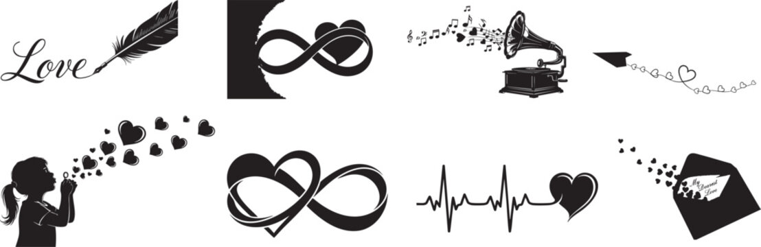 Romantic Icons Set: Infinity Heart, Vintage Gramophone, and Love Letters