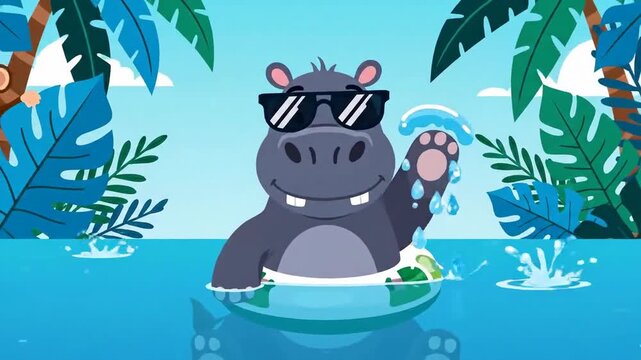 A Cool Hippo's Tropical Summer Fun: Water Spray, Beach Vibes, and Sunny Relaxation