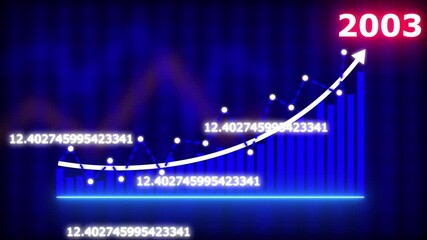 Animated financial bar chart with a rising blue line graph and an upward arrow indicating positive growth and increasing revenue on a dark blue gradient background with numerical data