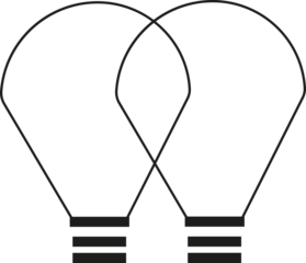 Two intersecting light bulbs depicted in a simple black and white design