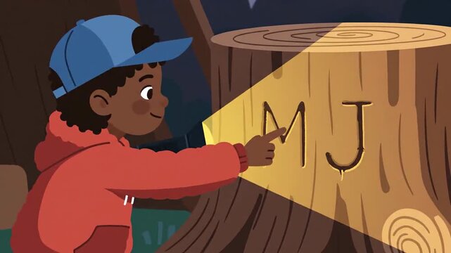 A Curious Boy Finds A Hidden Message Carved On A Tree Stump In The Forest Night