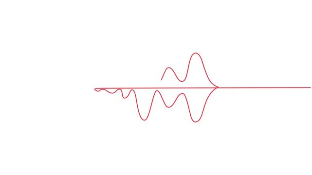 Continuous one line drawing of sound wave with different amplitude. Soundwave line self drawing animation. Black background, Video. Earthquake in one continuous Editable line. Polygraphy, Contour Wave