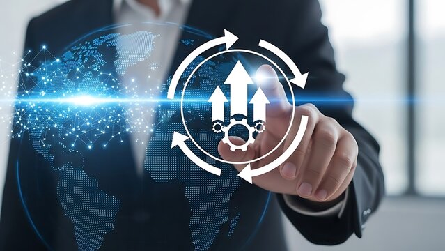 Businesswoman interacting with a digital display of growth arrows and a circular data flow diagram - Powered by Adobe