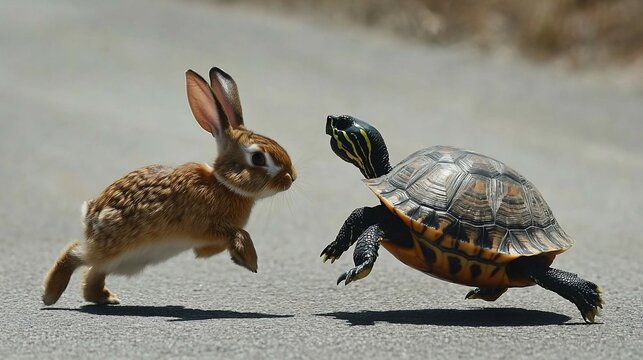 Rabbit and turtle race on road, nature background, children's book illustration