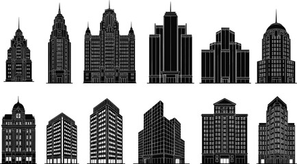 Fototapeta premium Architectural icons, building silhouette set, black outline structures, classical and modern styles, dome symbol, spire branding, facade concept, design mix