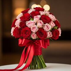 Luxurious Romantic Bouquet: Deep Red and Delicate Pink Roses Elegantly Bound with a Bright Red Satin Ribbon Against a Warm, Blurred Bokeh Background for Love & Celebration
