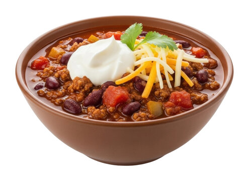 Delicious chili bowl with cheese and sour cream kitchen food isolated on transparent background