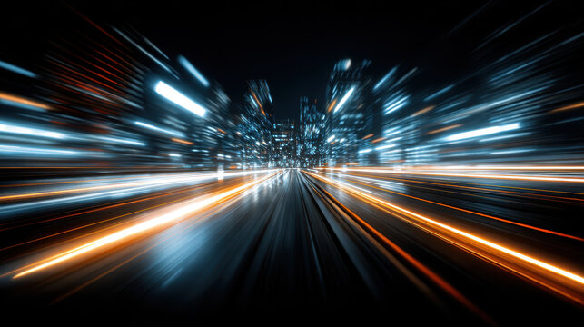 Futuristic data tunnel motion blur city night speed light trail urban skyline energy - Powered by Adobe
