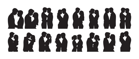 Couple kissing moment black vector set. relationship clipart, intimate gesture,  love pose collection for wedding icon, vector illustration eps 10
