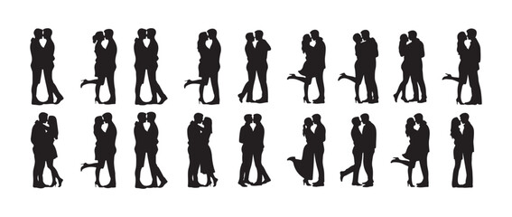 Romantic couple icon set, kissing man and woman vector, wedding lovers silhouette, romantic poses, love embrace, kissing moment. vector illustration eps 10