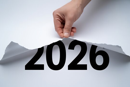 A hand pulling back a torn piece of paper revealing the year 2026 underneath