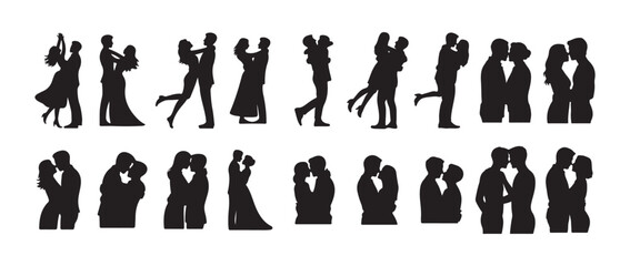 Romantic couple icon set, kissing man and woman vector, wedding lovers silhouette, romantic poses, love embrace, kissing moment. vector illustration eps 10