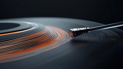 Extreme close-up of a high-end turntable needle navigating the groove of a vinyl record, with the groove itself visualized as a glowing, digital canyon of soundwaves, macro photography. -