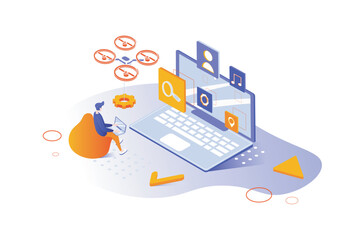 App development 3d isometric concept with isometry people design for web. Developer creating programs and softwares, programming mobile and computer applications at laptop. Vector illustration.