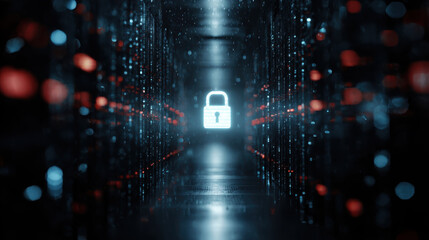 Cyber security data protection safety secure access privacy digital lock glowing padlock