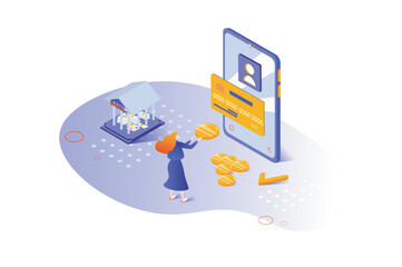 Banking services 3d isometric concept with isometry people design for web. Woman making financial transactions, managing her personal finances online, paying with credit card. Vector illustration.