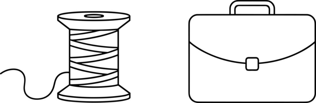 Black and white vector illustration set featuring a classic wooden thread spool for sewing and a professional office briefcase or business portfolio icon.